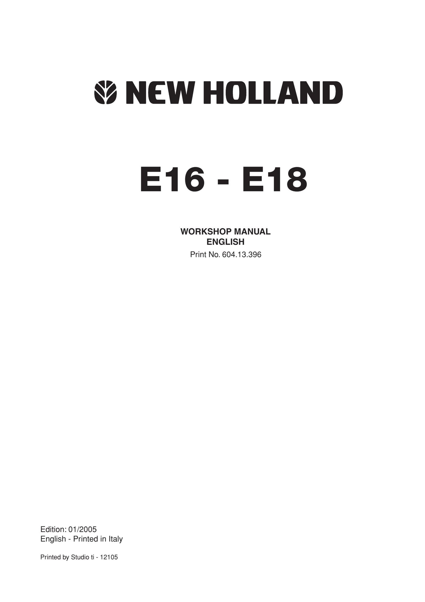 New Holland E16 E18 Crawler Excavator Workshop Manual 604.13.396