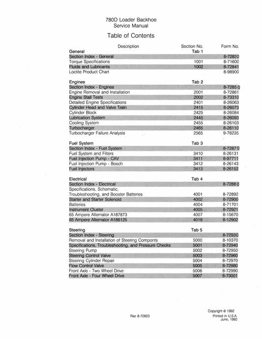 CASE 780D Backhoe Loader Factory Workshop Service Manual Rac 8-72823