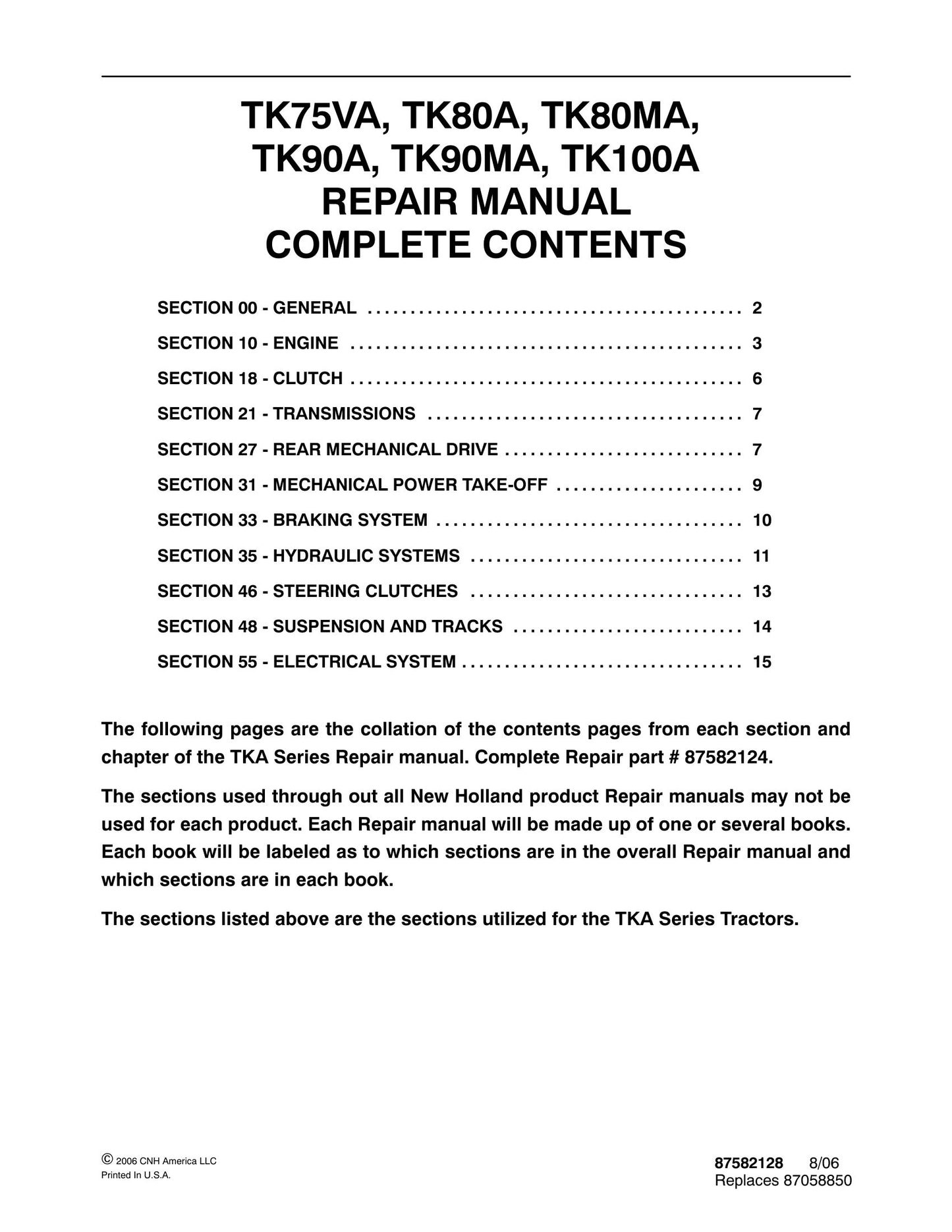 New Holland TK75VA TK80A TK80MA TK90A TK90MA TK100A Tractor Factory Workshop Repair Manual 87582128