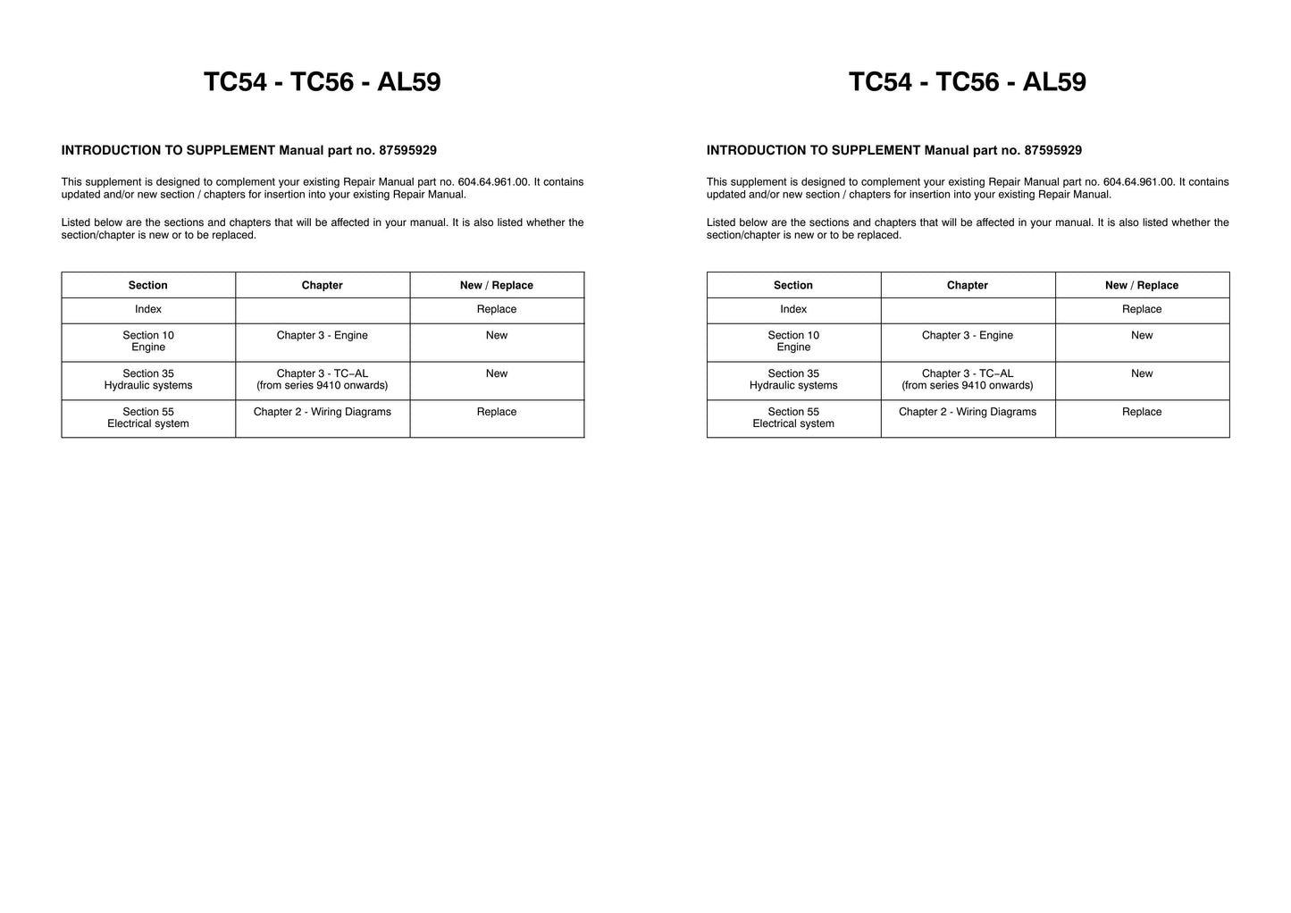 New Holland TC54 TC56 AL59 Combine Harvester Factory Workshop Service Manual Supplement 87595929