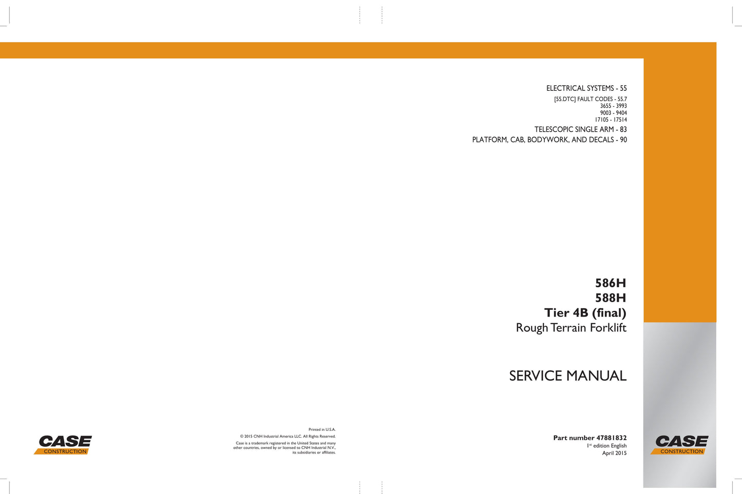 CASE 586H 588H Rough Terrain Forklift Factory Workshop Service Manual 47881832