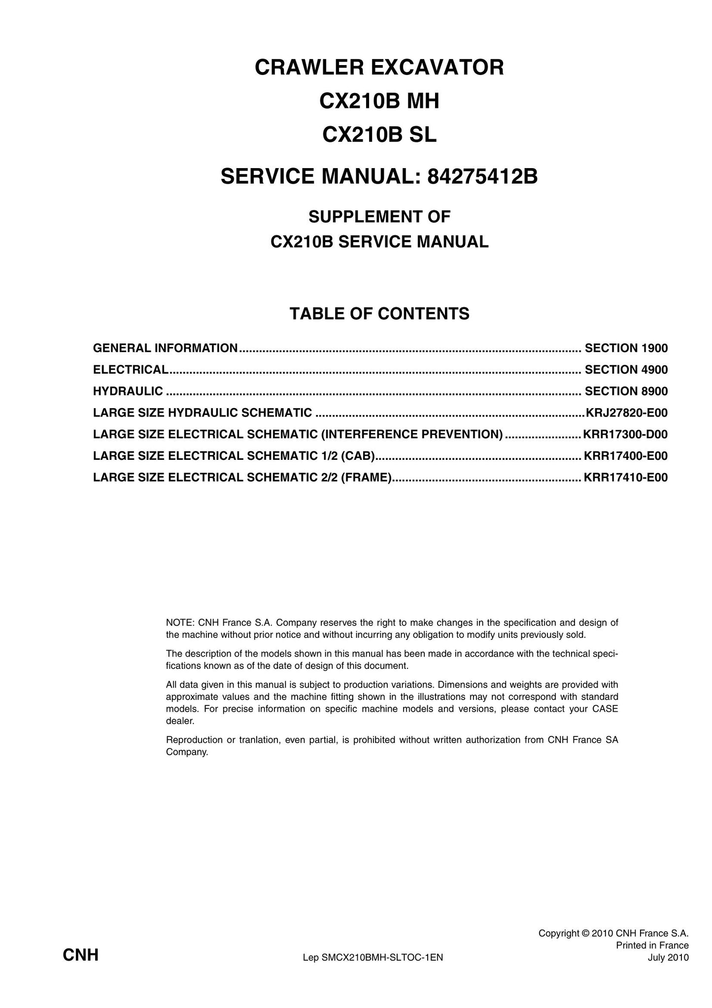 CASE CX210B MH CX210B SL Crawler Excavator Factory Workshop Service Manual 84275412B