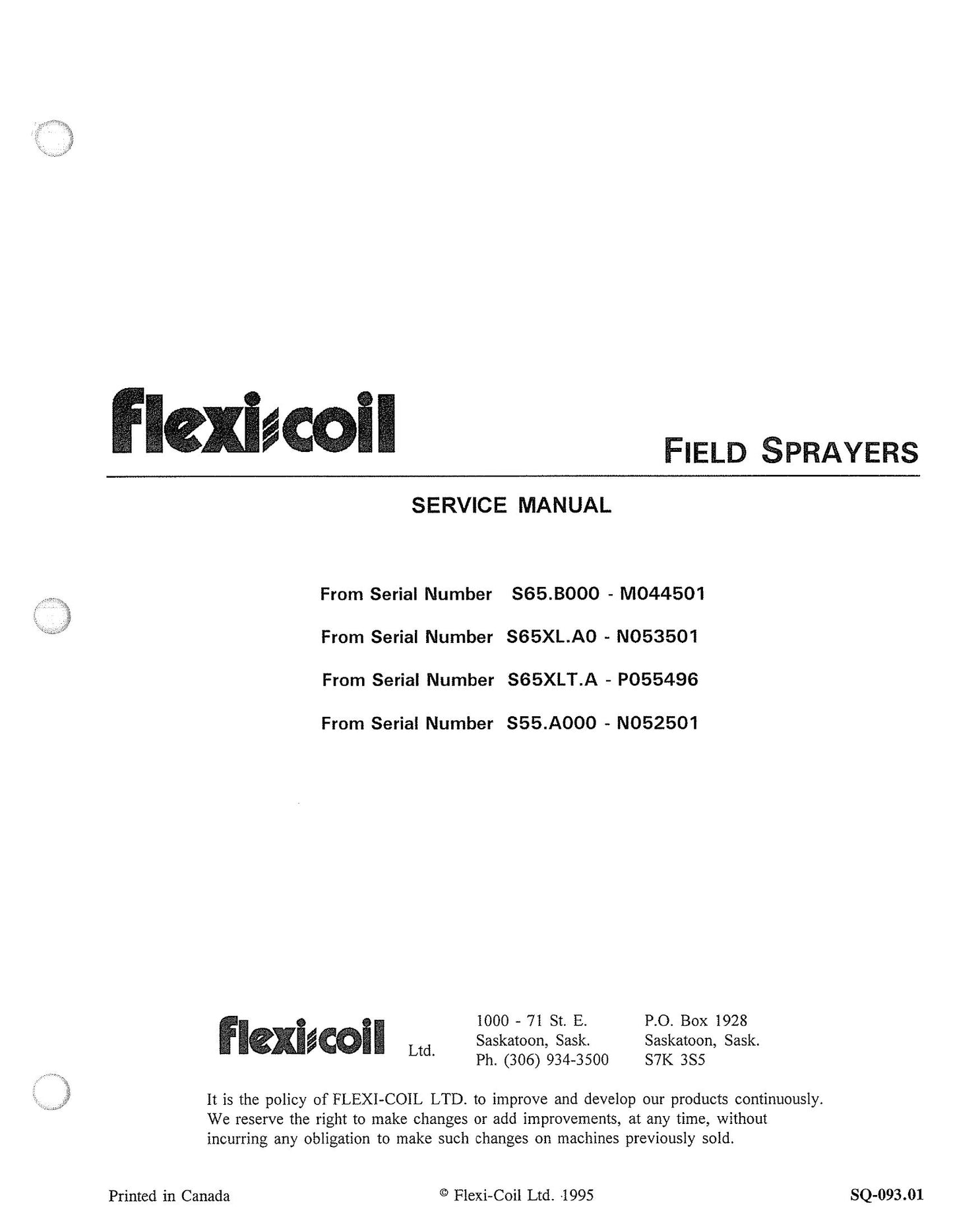 Flexi-Coil 55 65 65XL 65XLT Field Sprayer Factory Workshop Service Manual SQ-093.01