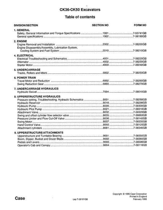 CASE CK36 CK50 Crawler Excavator Factory Workshop Service Manual 7-38181GB