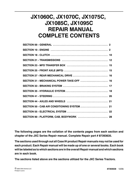 CASE IH JX1060C JX1070C JX1075C JX1085C JX1095C Tractor Factory Workshop Repair Manual 87393638