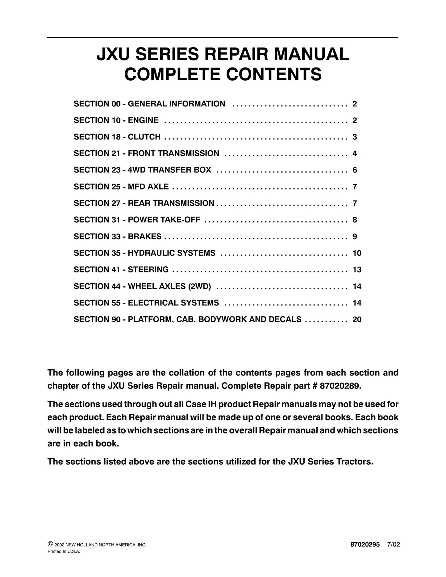 CASE IH JXU Series Tractor Factory Workshop Repair Manual 87020289