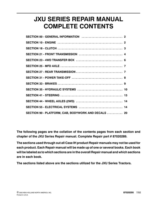 CASE IH JXU Series Tractor Factory Workshop Repair Manual 87020289