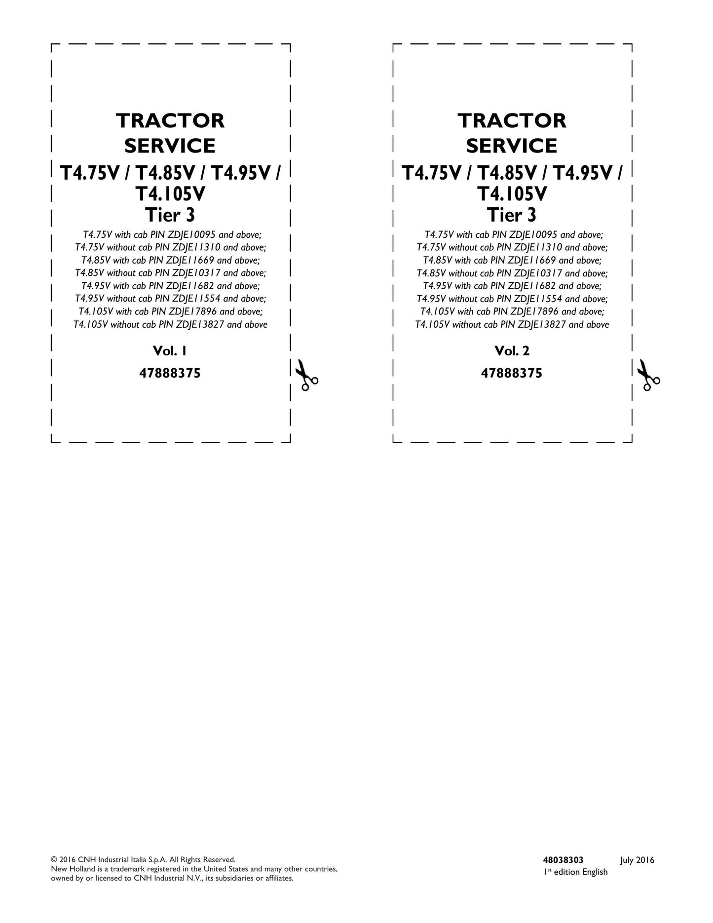 New Holland T4.75V T4.85V T4.95V T4.105V Tractor Factory Workshop Service Manual 48038296