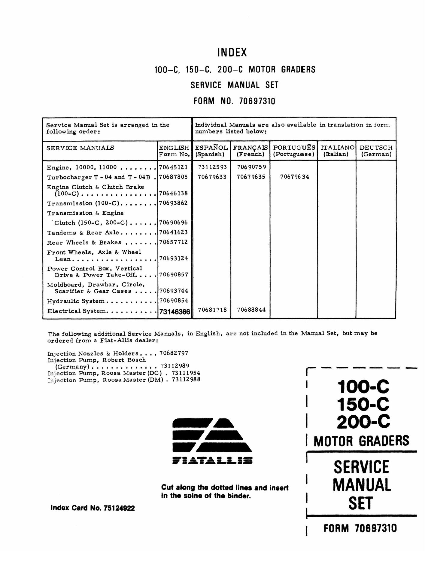 Fiatallis 100-C 150-C 200-C Motor Grader Factory Workshop Service Manual Set 70697310