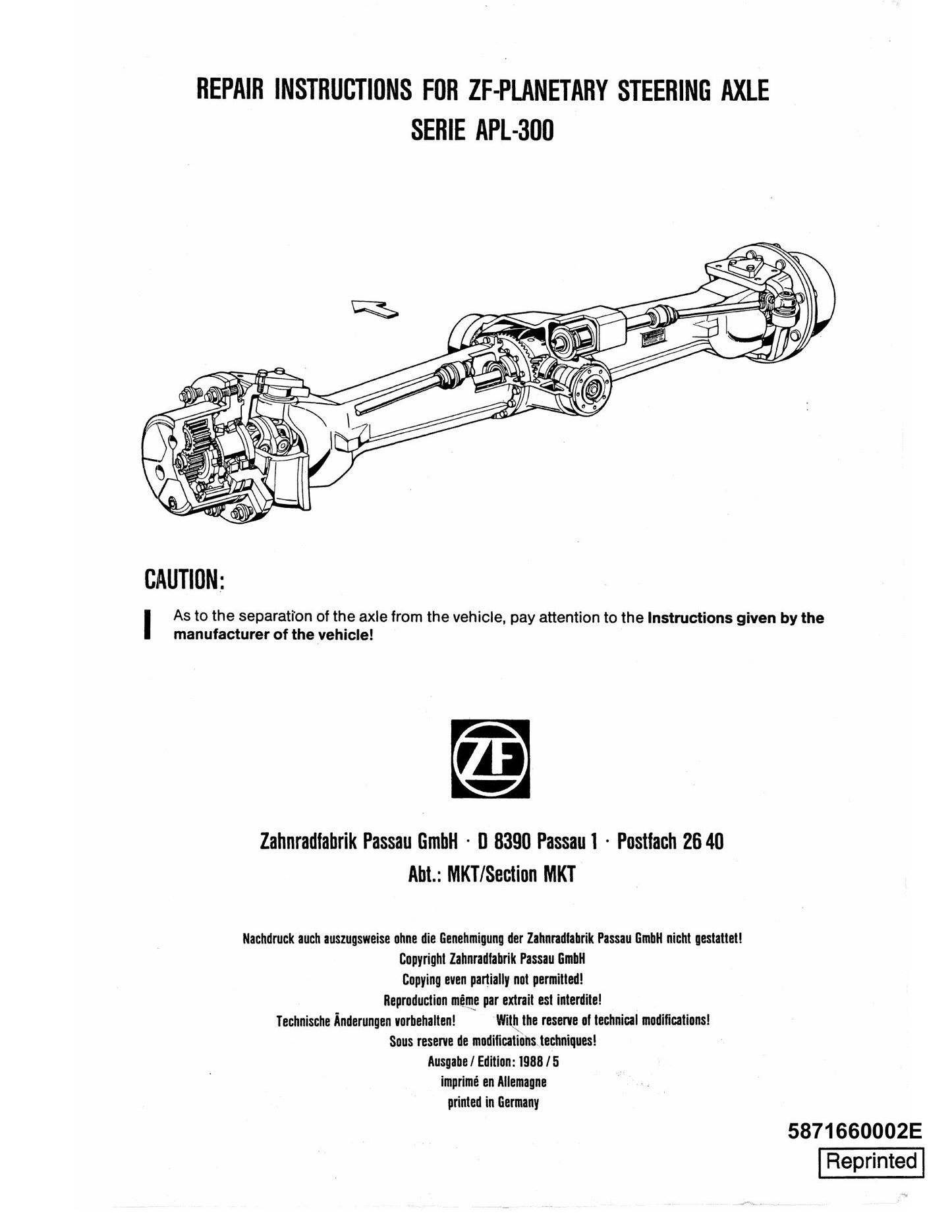 ZF SERIE APL-300 Steering Axle Repair Instructions 5871660002E