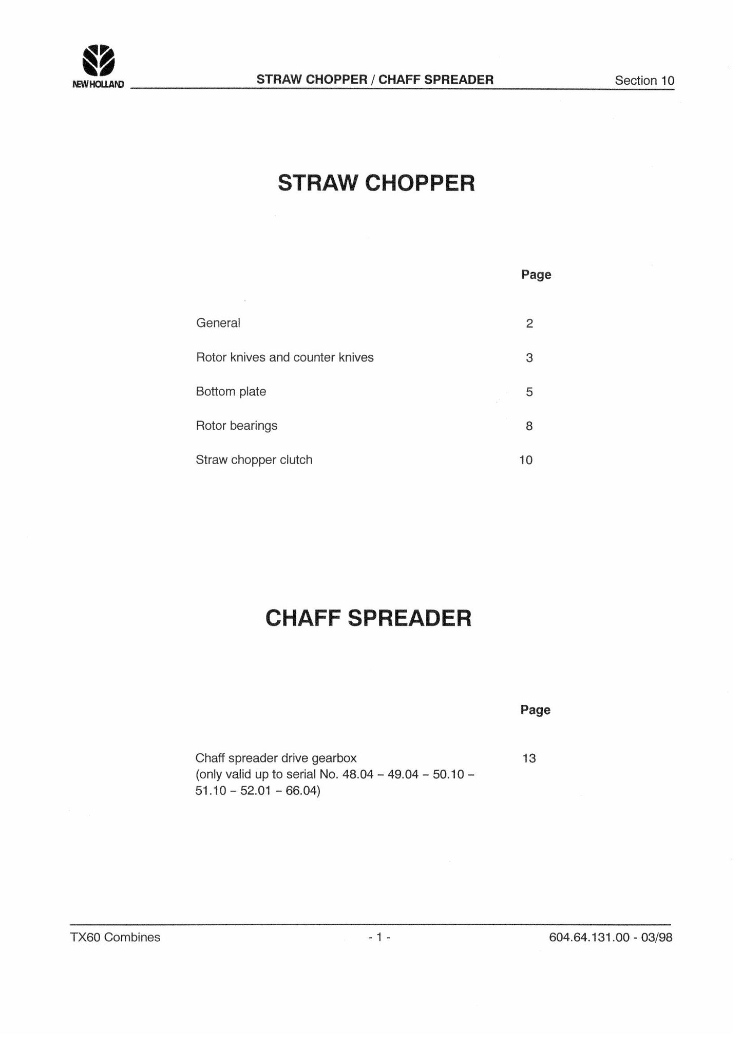 NEW HOLLAND TX60 Combine Straw Chopper/Chaff Spreader Factory Workshop Parts Catalog 604.64.131.00 - 03/98