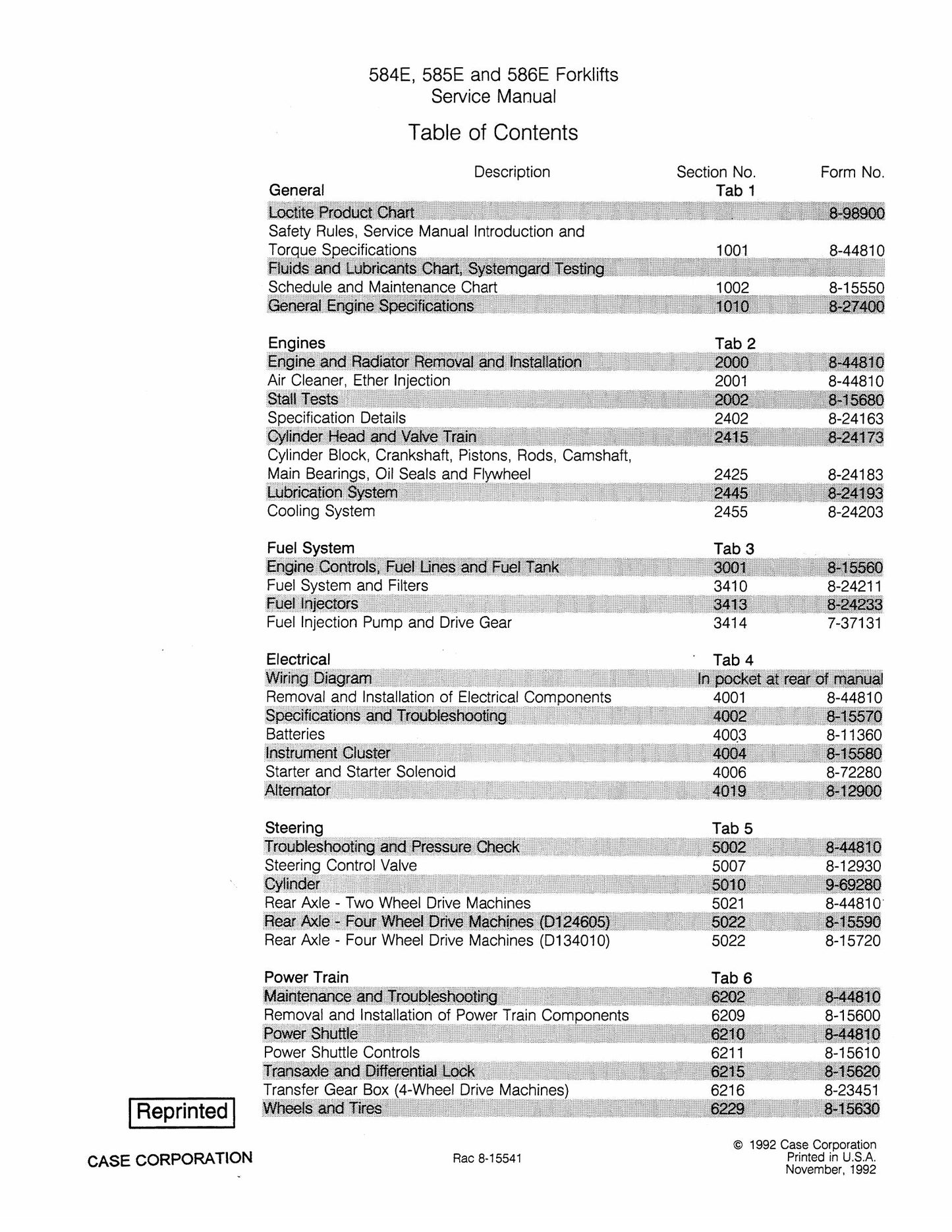 CASE 584E 585E 586E Forklift Factory Workshop Service Manual Rac 8-15541