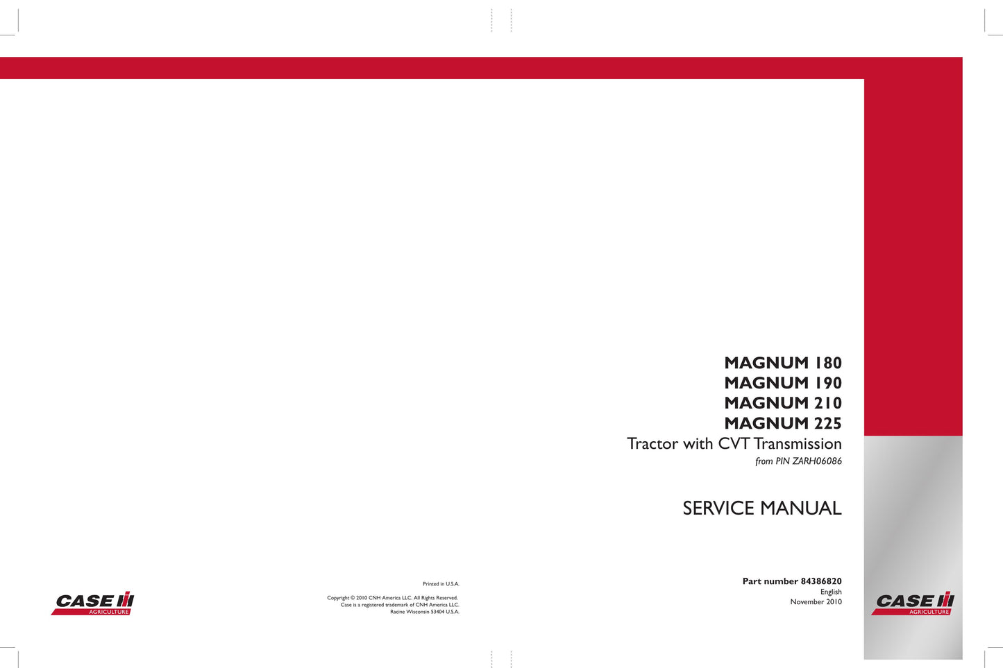 CASE MAGNUM 180 MAGNUM 190 MAGNUM 210 MAGNUM 225 Tractor Factory Workshop Service Manual 84386820
