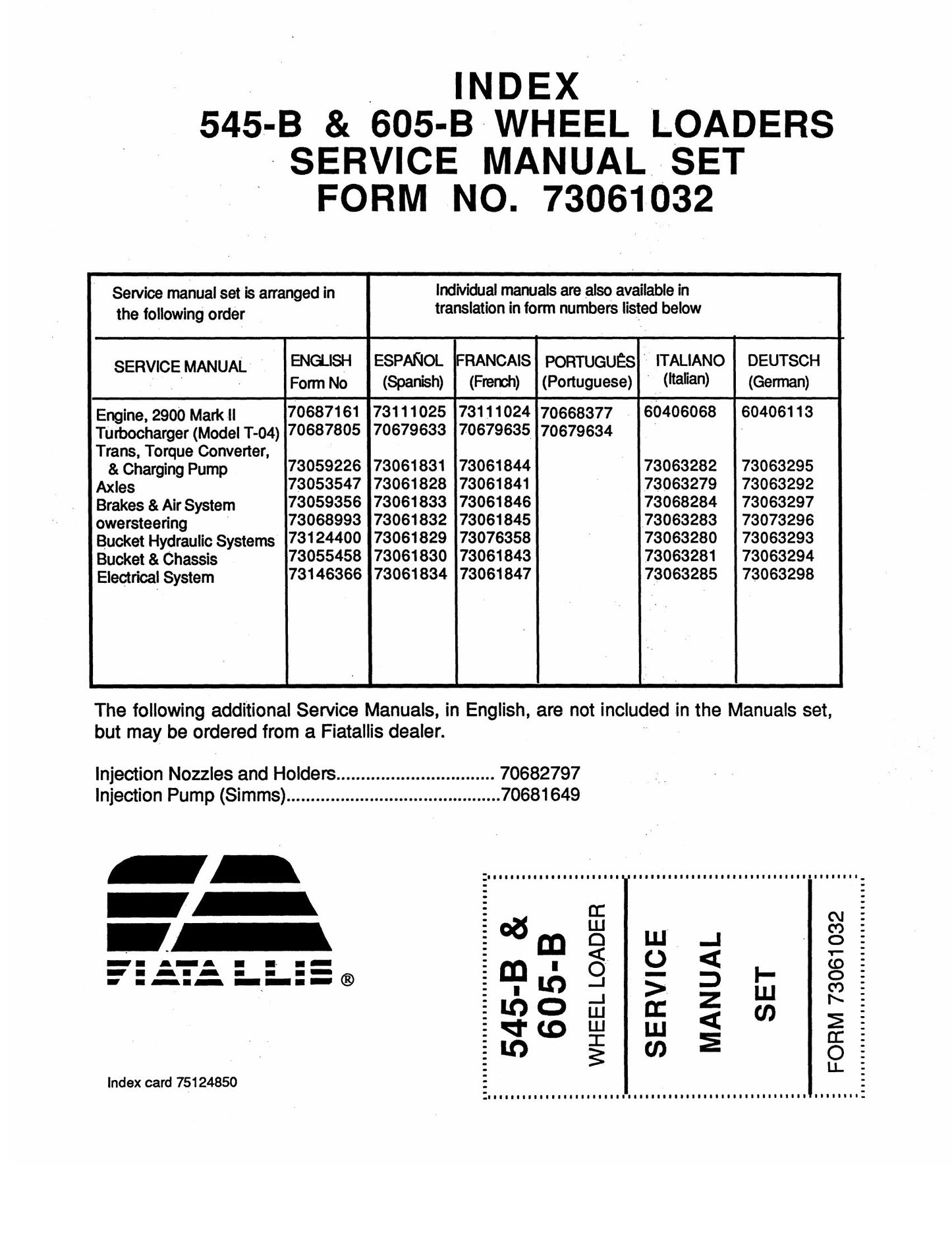 Fiatallis 545-B 605-B Wheel Loader Factory Workshop Service Manual 73061032