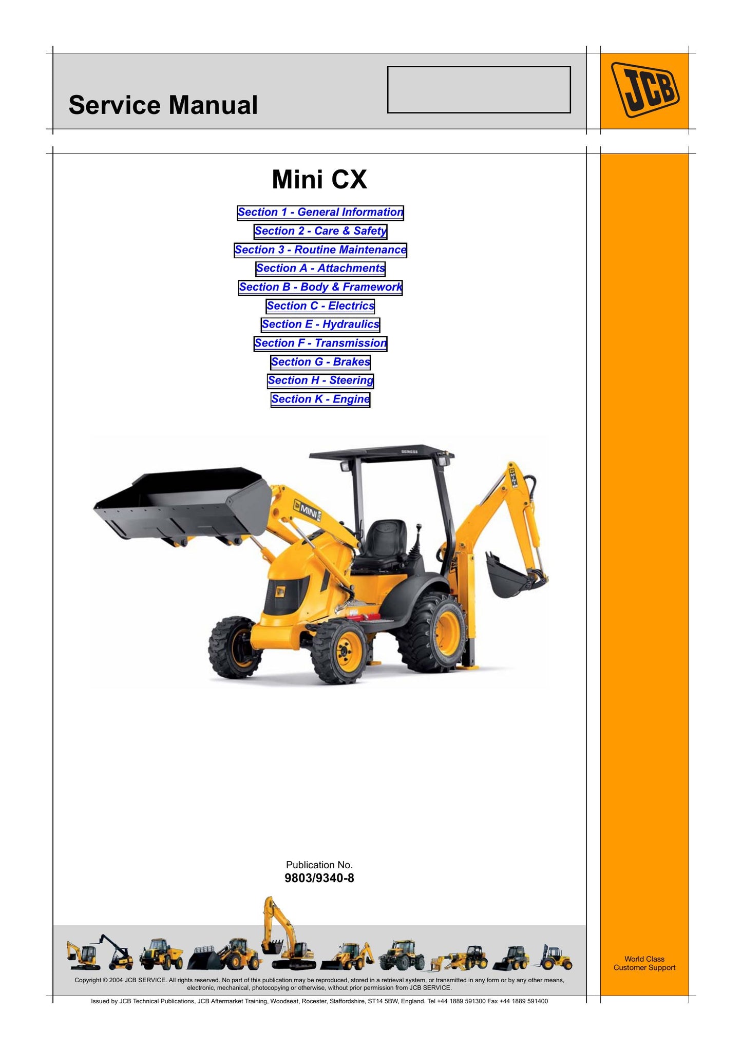 JCB Mini CX Mini CX 4x4 Mini Backhoe Loader Factory Workshop Service Manual 9803/9340-8