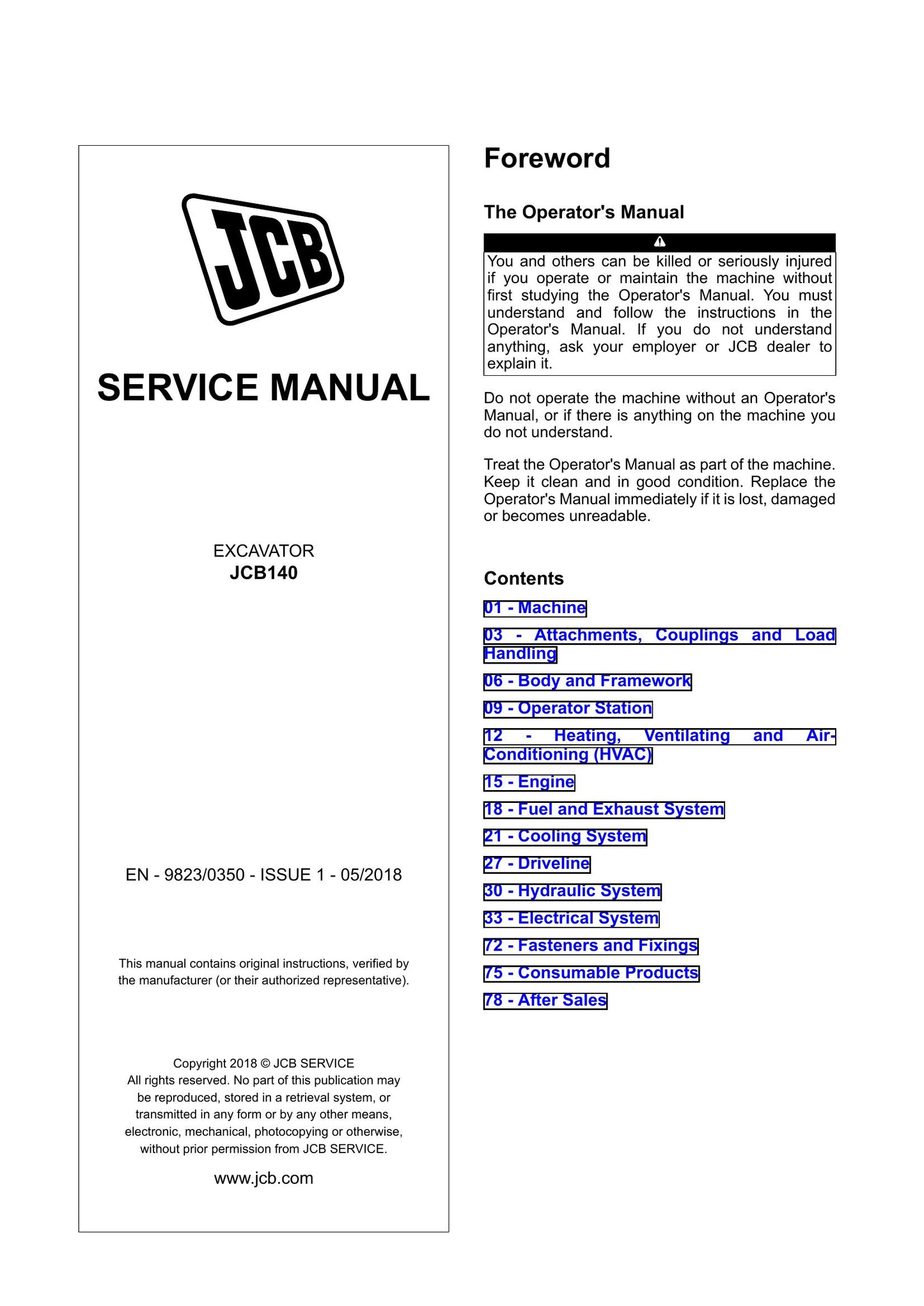 JCB 140 Excavator Factory Workshop Service Manual 9823/0350