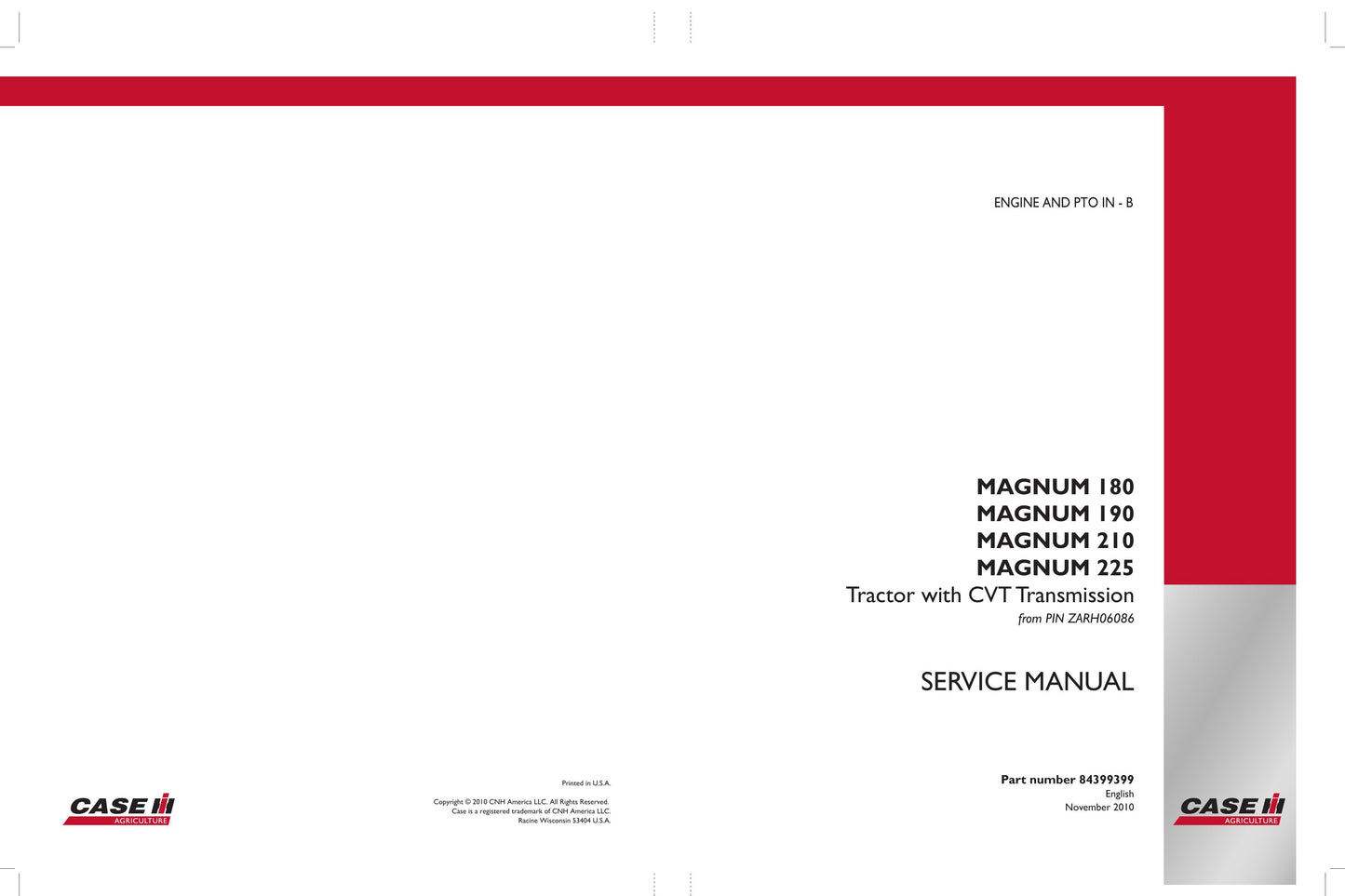 CASE MAGNUM 180 MAGNUM 190 MAGNUM 210 MAGNUM 225 Tractor Factory Workshop Service Manual 84386820