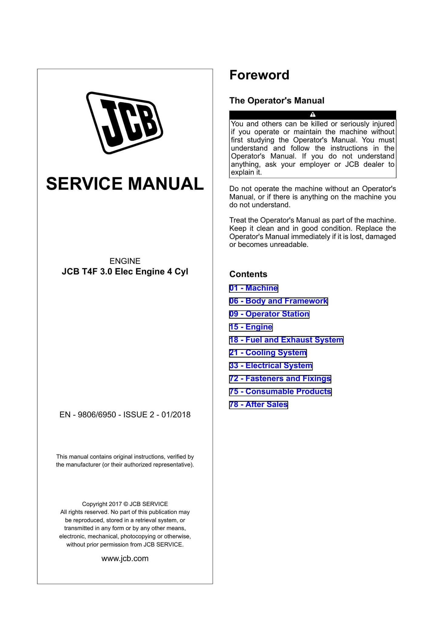 JCB T4F 3.0 Elec Engine 4 Cyl Engine Factory Workshop Service Manual 9806/6950