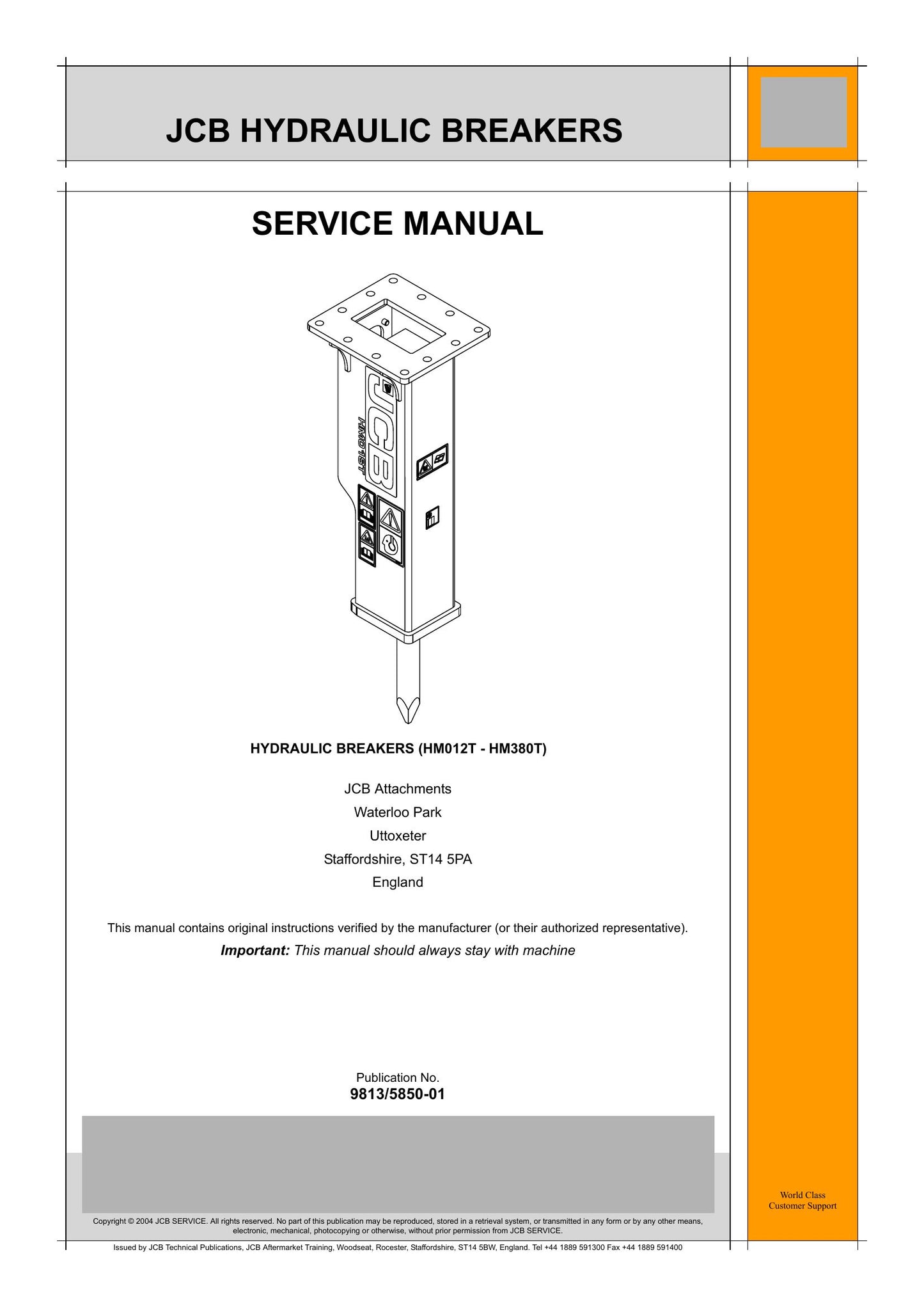 JCB HM012T HM018T HM026T HM380T Hydraulic Breaker Factory Workshop Service Manual 9813/5850-01