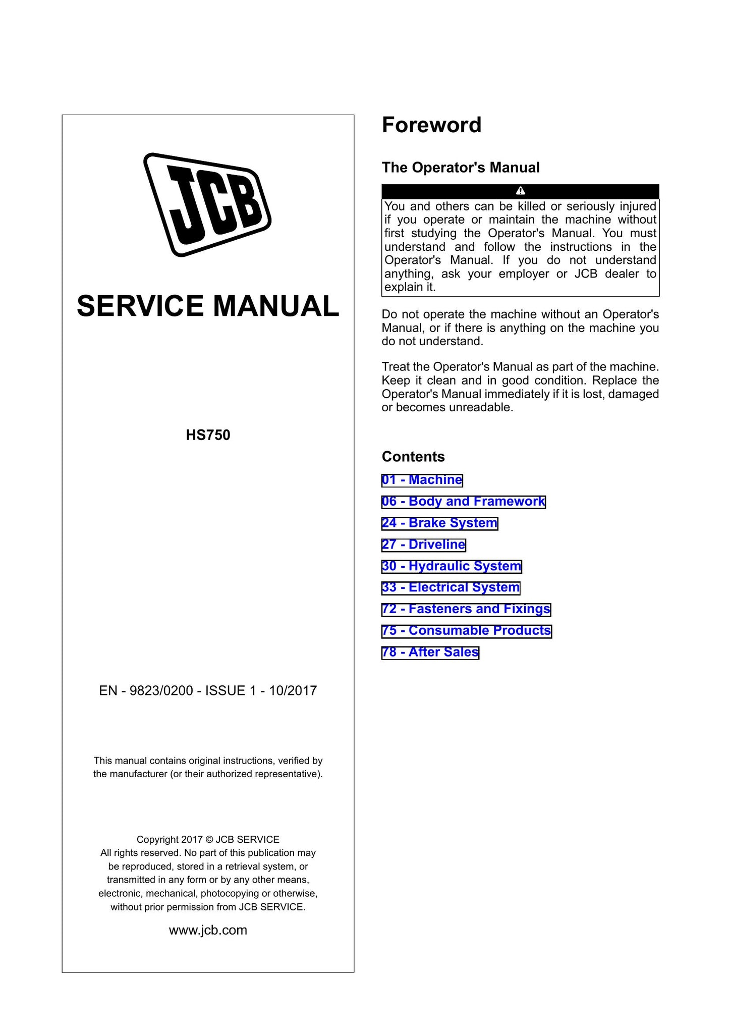 JCB HS750 Hydraulic Breaker Factory Workshop Service Manual 9823/0200