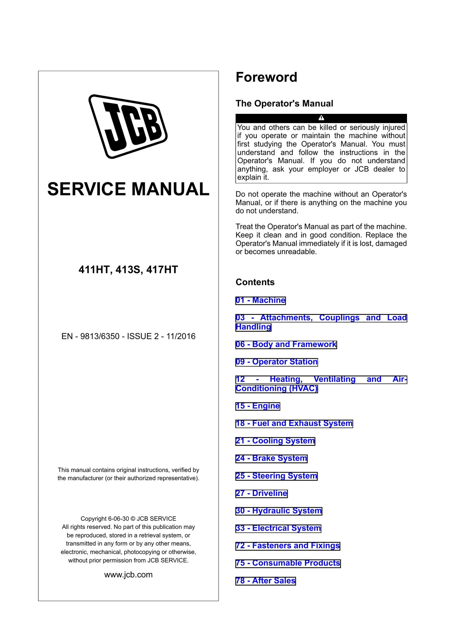 JCB 411HT 413S 417HT Wheel Loader Factory Workshop Service Manual 9813/6350