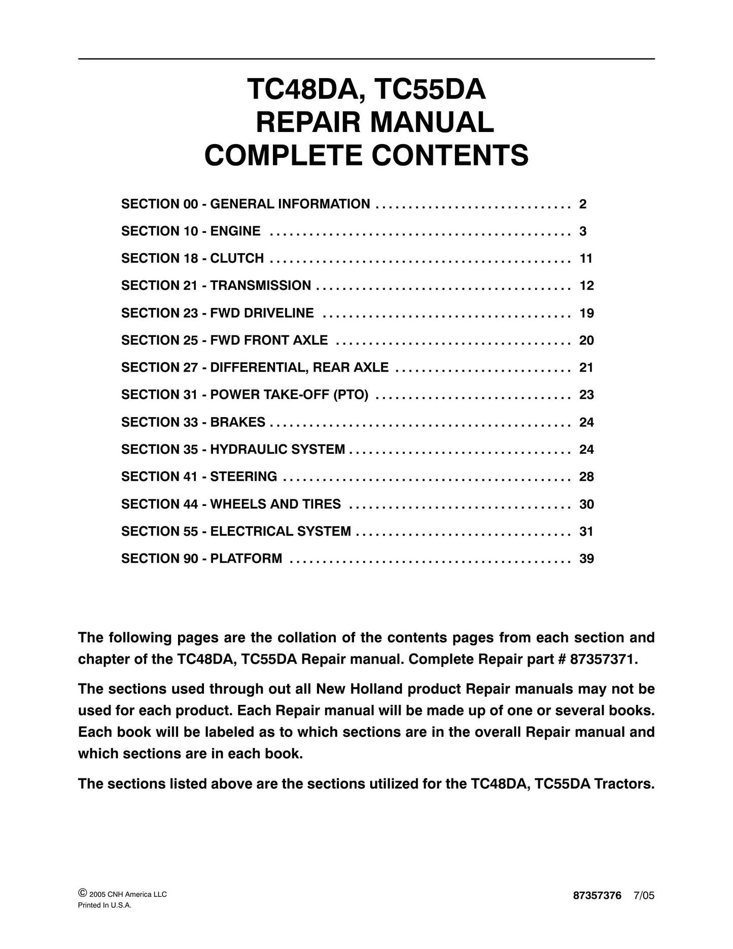New Holland TC48DA TC55DA Tractor Factory Workshop Repair Manual 87357376