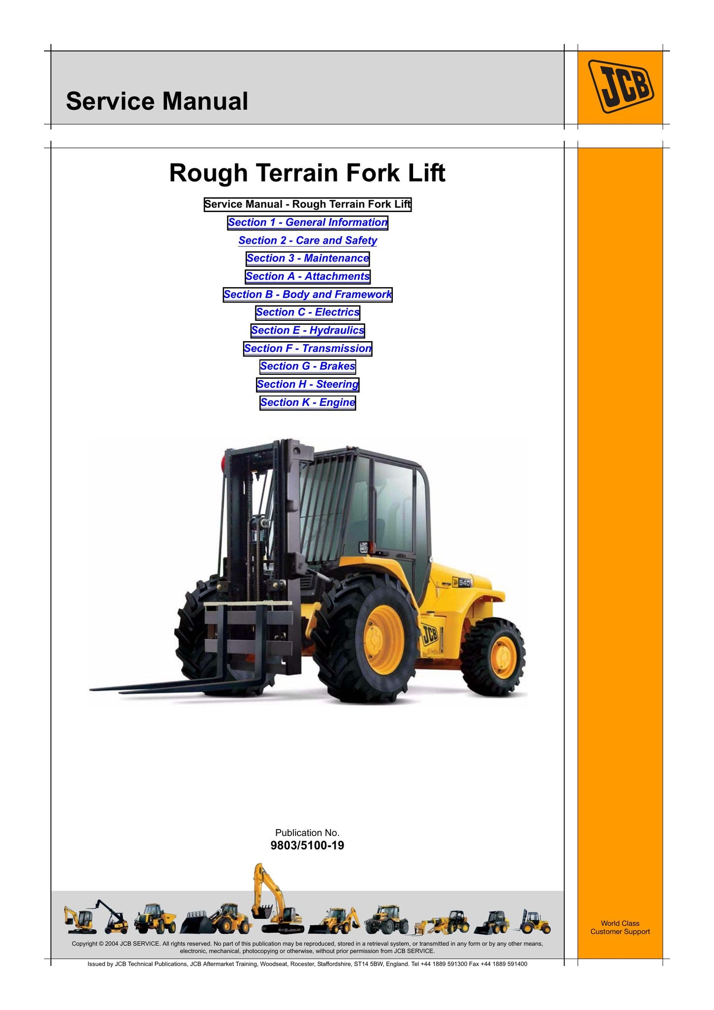 JCB 926 930 940 950 Rough Terrain Fork Lift Factory Workshop Service Manual 9803/5100