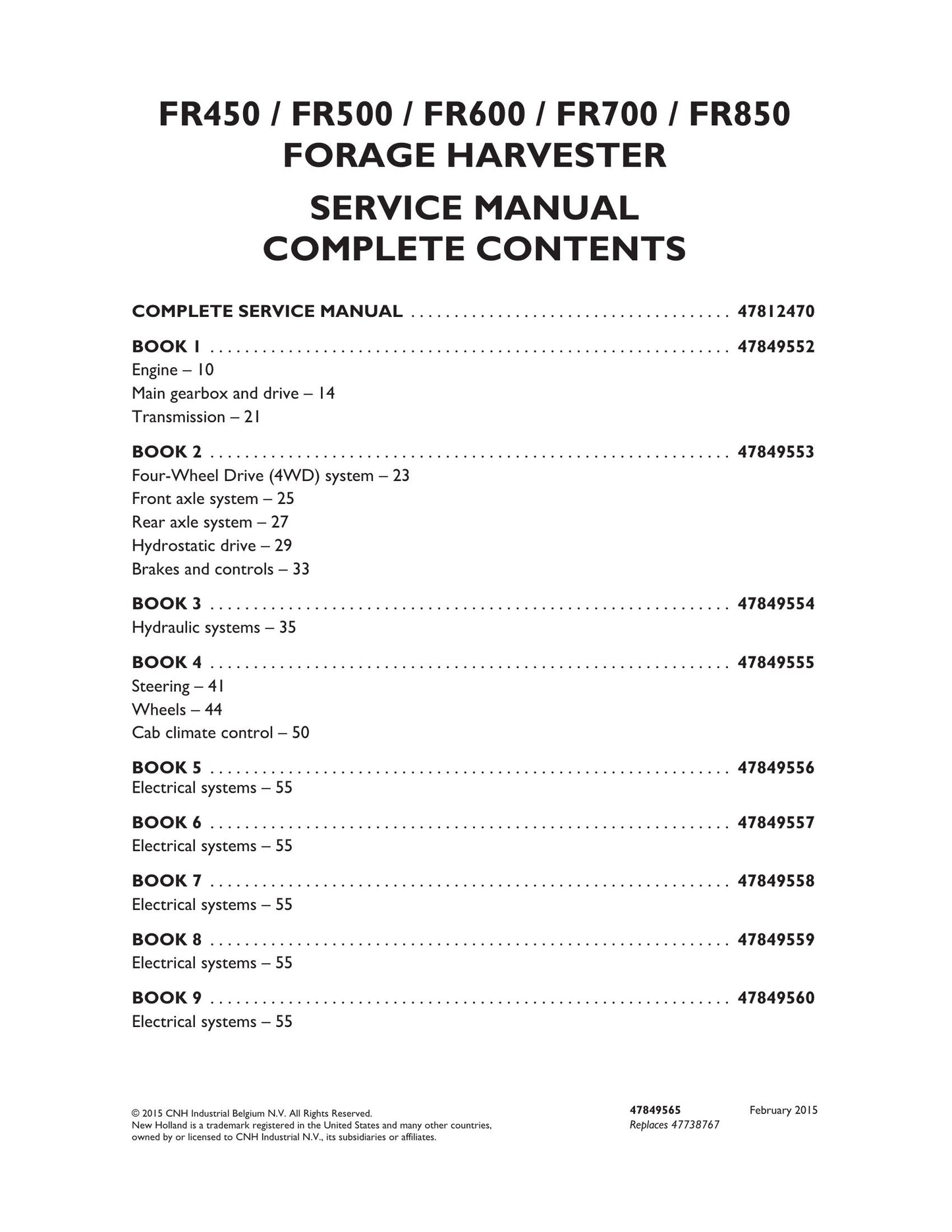 New Holland FR450 FR500 FR600 FR700 FR850 Forage Harvester Factory Workshop Service Manual 47849552