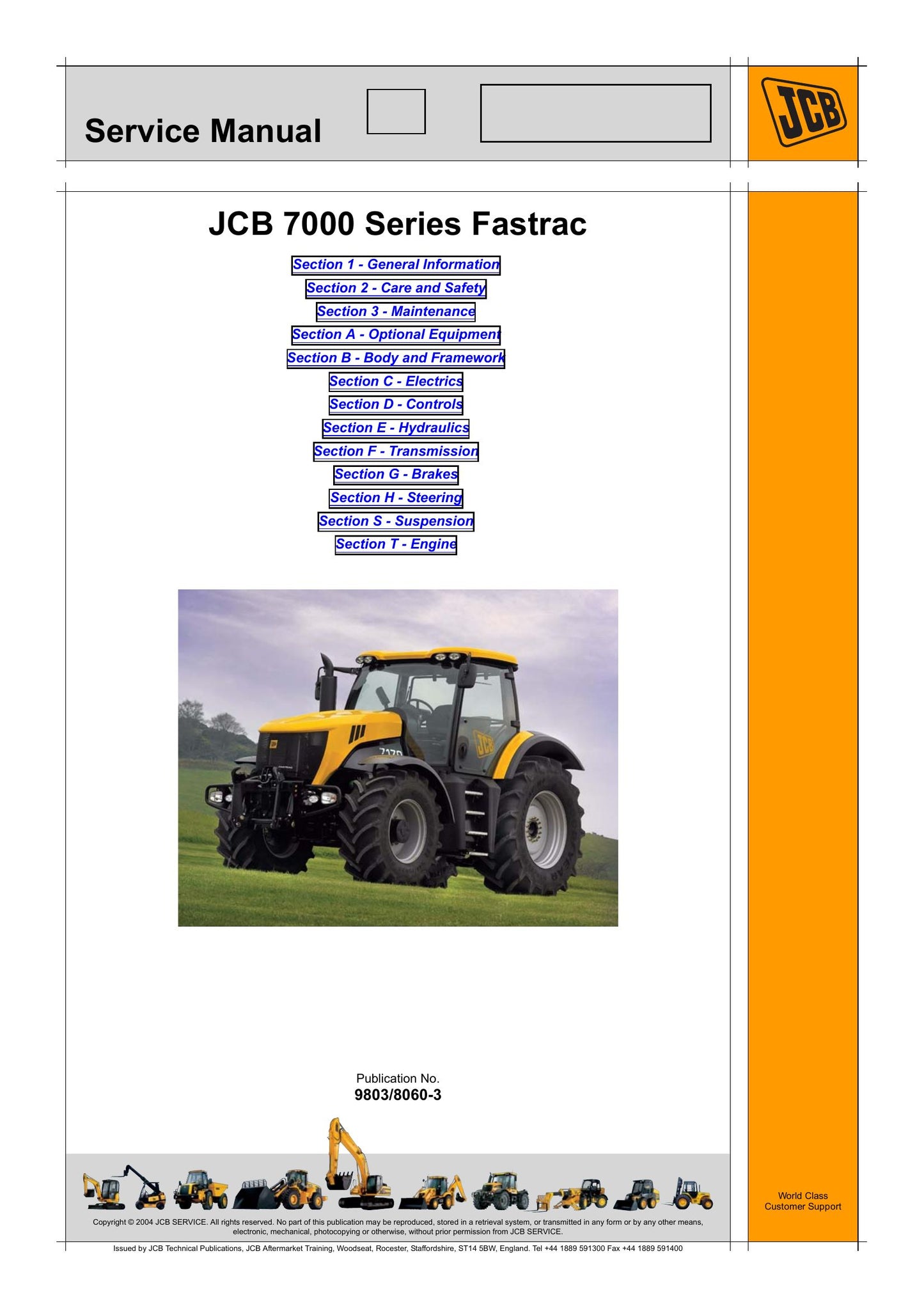 JCB 7230 7200 7270 7000 Series Fastrac Tractor Factory Workshop Service Manual 9803/8060