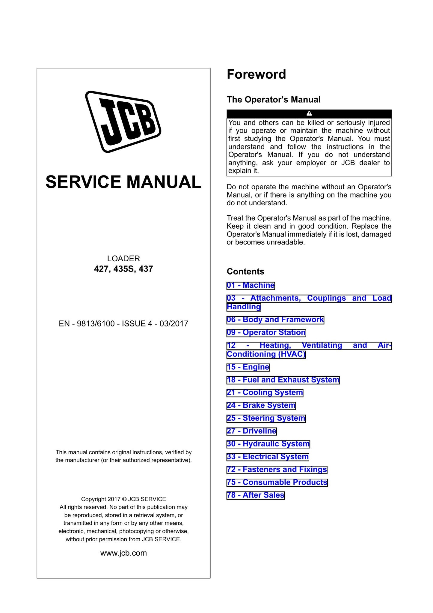 JCB 427 435S 437 Wheel Loader Factory Workshop Service Manual 9813/6100