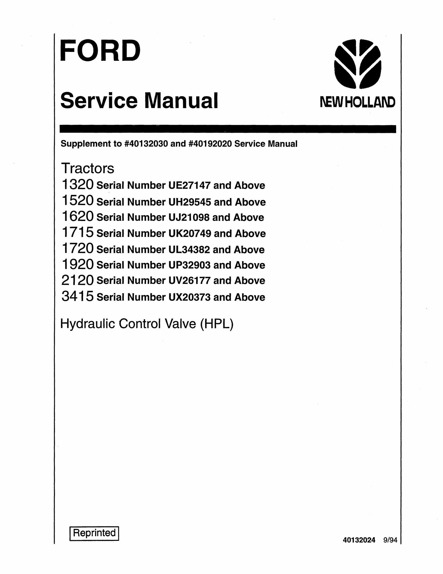 New Holland 1320 1520 1620 1715 1720 1920 2120 3415 Tractor Factory Workshop Service Manual 40132024