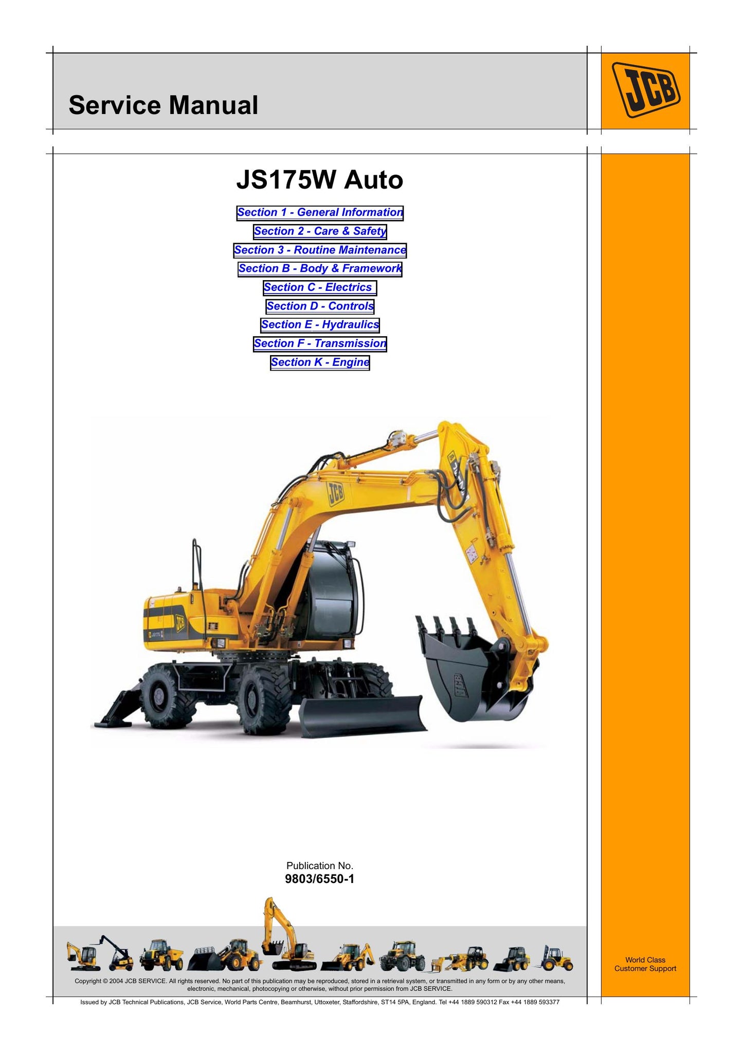 JCB JS175W Auto Wheeled Excavator Factory Workshop Service Manual 9803/6550-1
