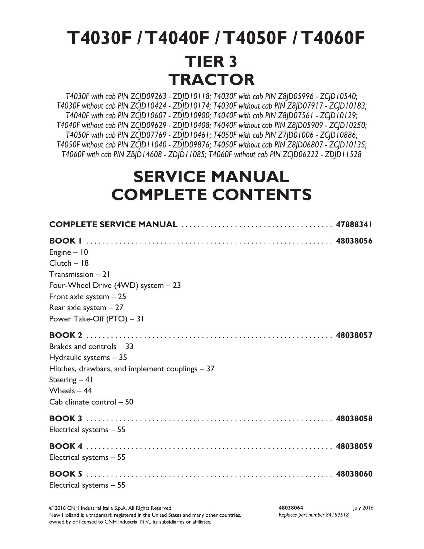 New Holland T4030F T4040F T4050F T4060F Tractor Factory Workshop Service Manual 48038056