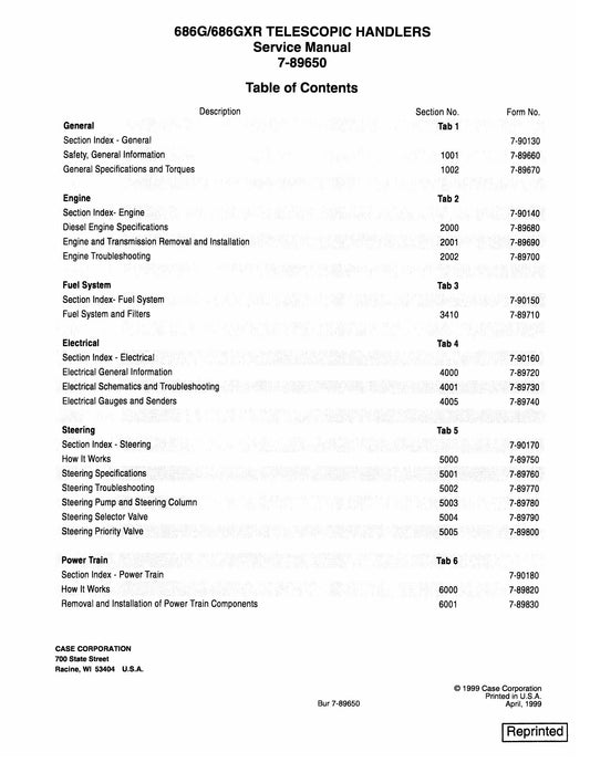 CASE 686G 686GXR Telescopic Handler Factory Workshop Service Manual 7-89650