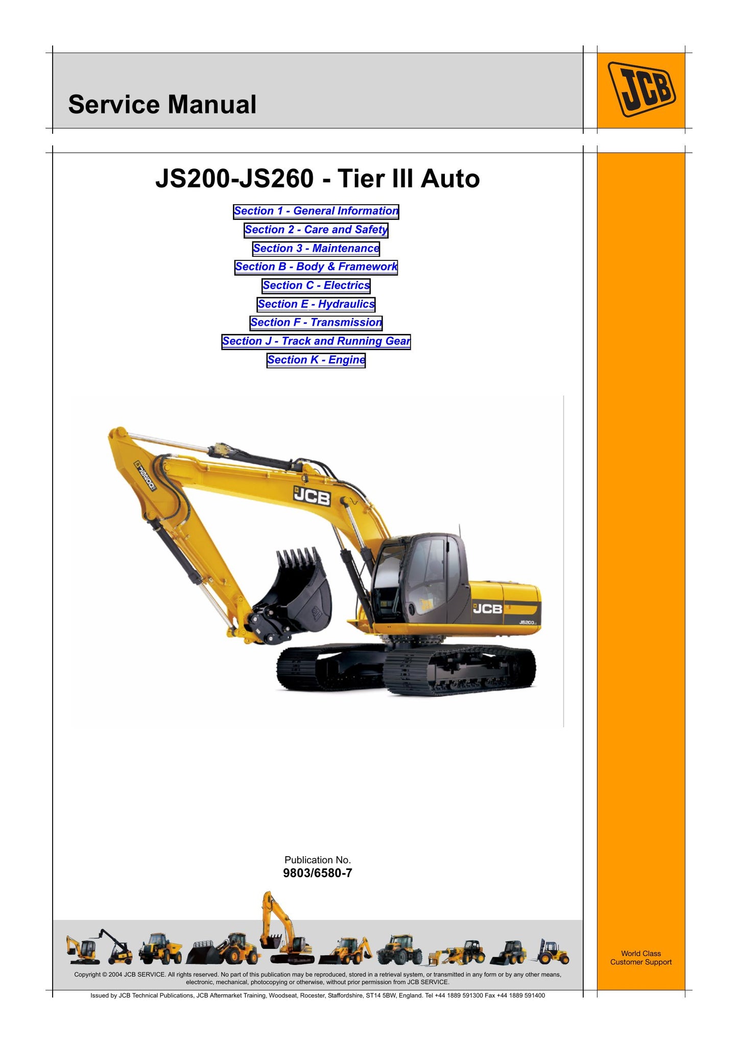 JCB JS200 JS220 JS235 JS240-2 JS240 JS260 Crawler Excavator Factory Workshop Service Manual 9803/6580