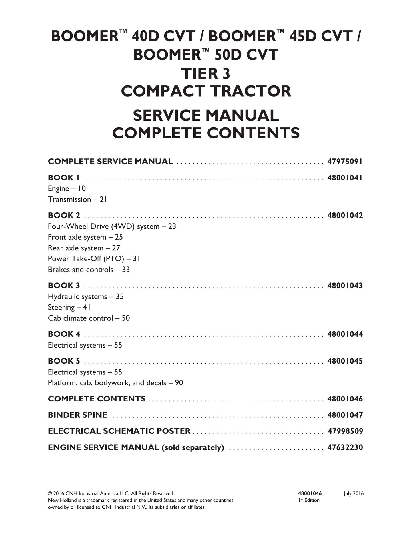 New Holland Boomer 40D CVT Boomer 45D CVT Boomer 50D CVT Compact Tractor Factory Workshop Service Manual 48001043