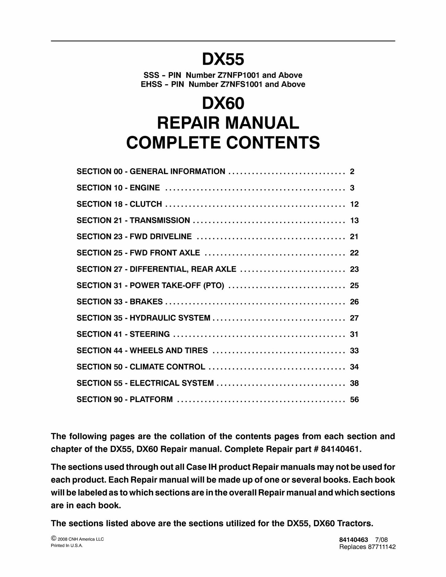 CASE IH DX55 DX60 Tractor Factory Workshop Repair Manual 84140461