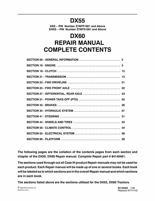 CASE IH DX55 DX60 Tractor Factory Workshop Repair Manual 84140461