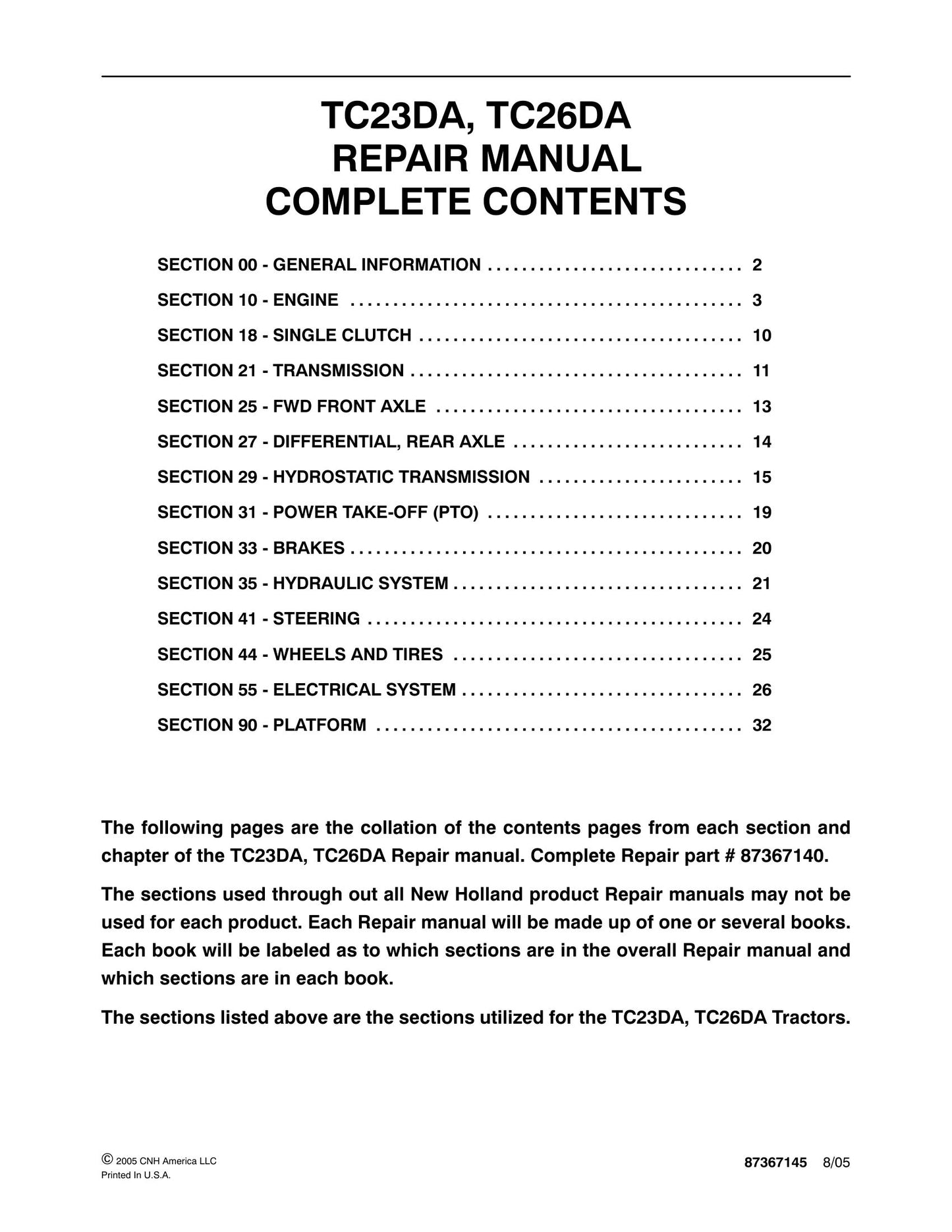 New Holland TC23DA TC26DA Tractor Factory Workshop Repair Manual 87367145