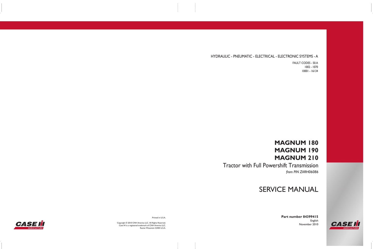 CASE MAGNUM 180 MAGNUM 190 MAGNUM 210 Tractor Factory Workshop Service Manual 84399414