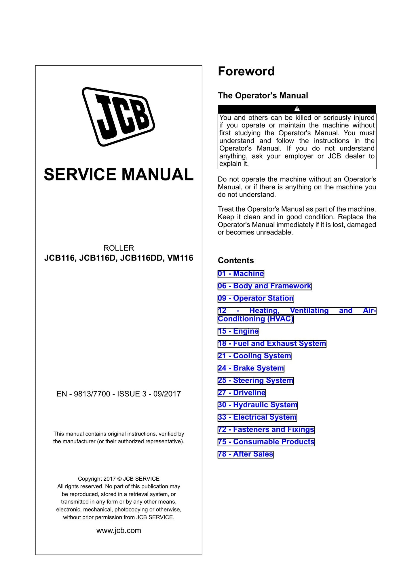 JCB JCB116 JCB116D JCB116DD VM116 Roller Factory Workshop Service Manual 9813/7700
