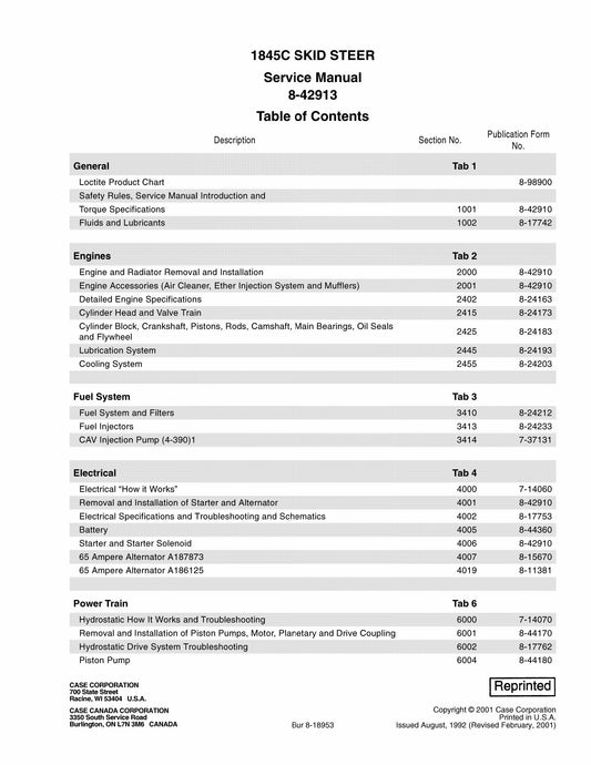 CASE 1845C Skid Steer Loader Factory Workshop Service Manual 8-42913