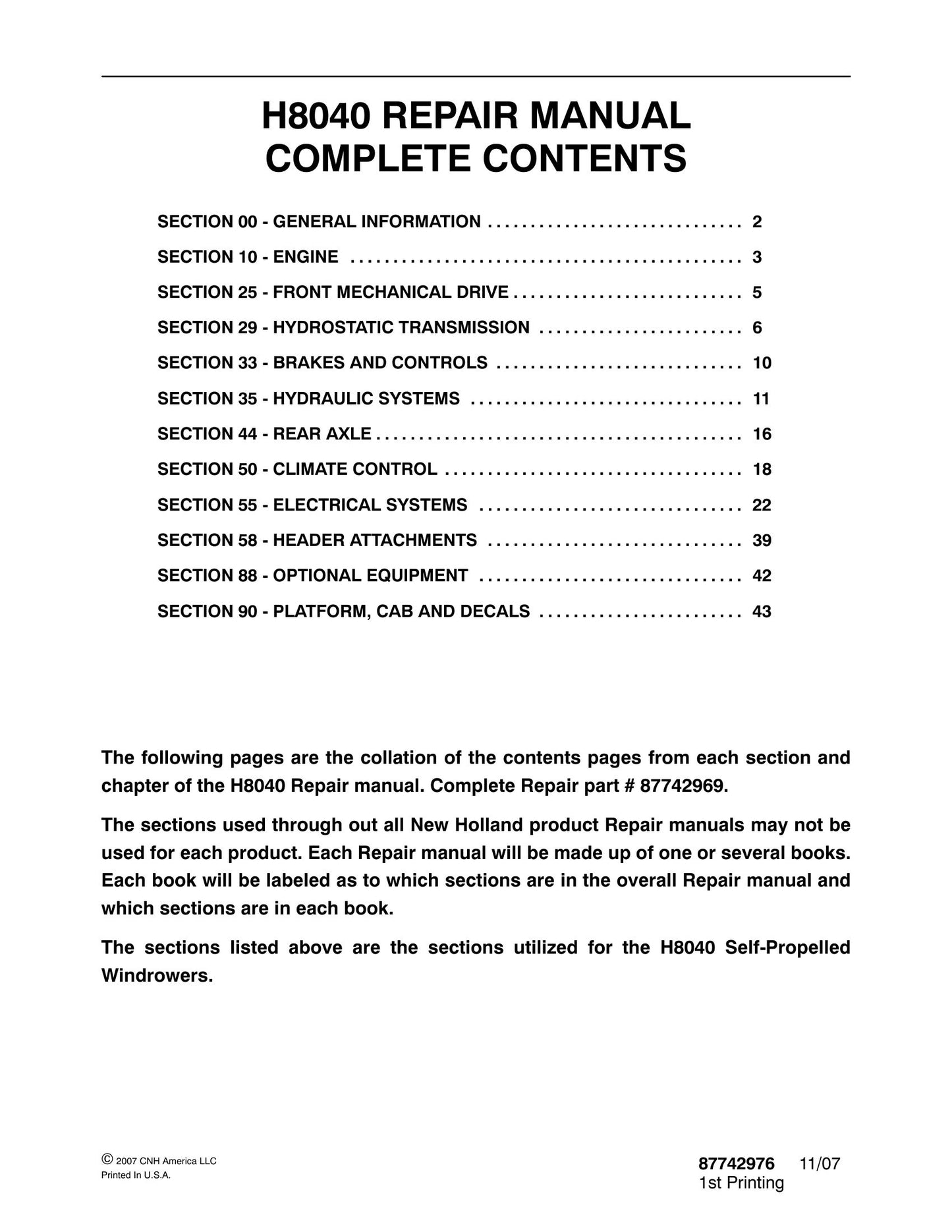 New Holland H8040 Self-Propelled Windrower Factory Workshop Repair Manual 87742976