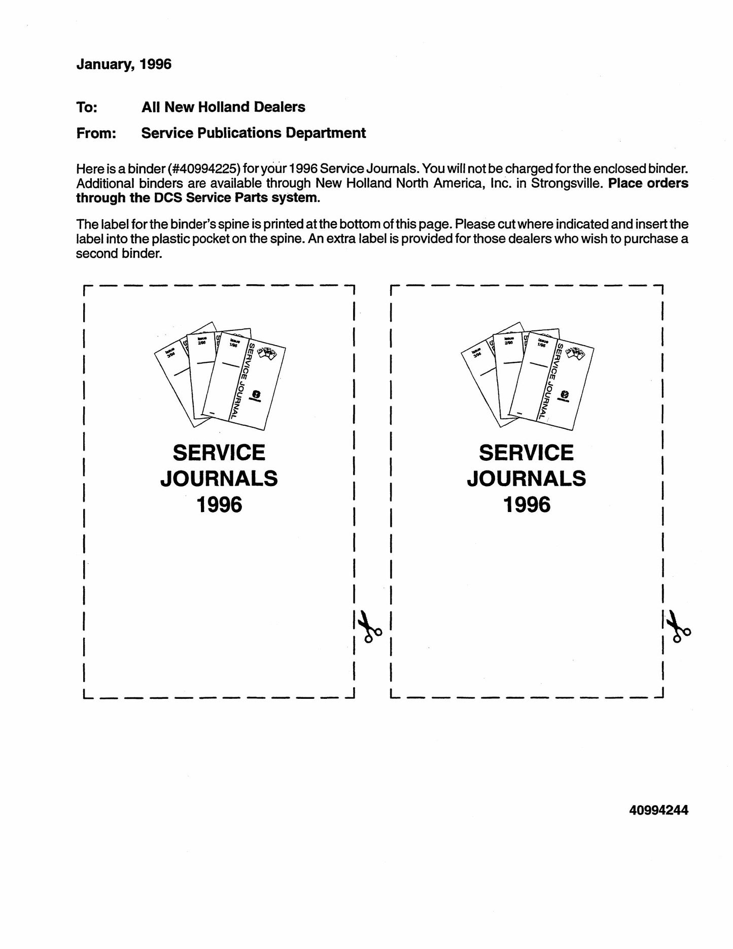 New Holland Service Journals Binder Label 40994244