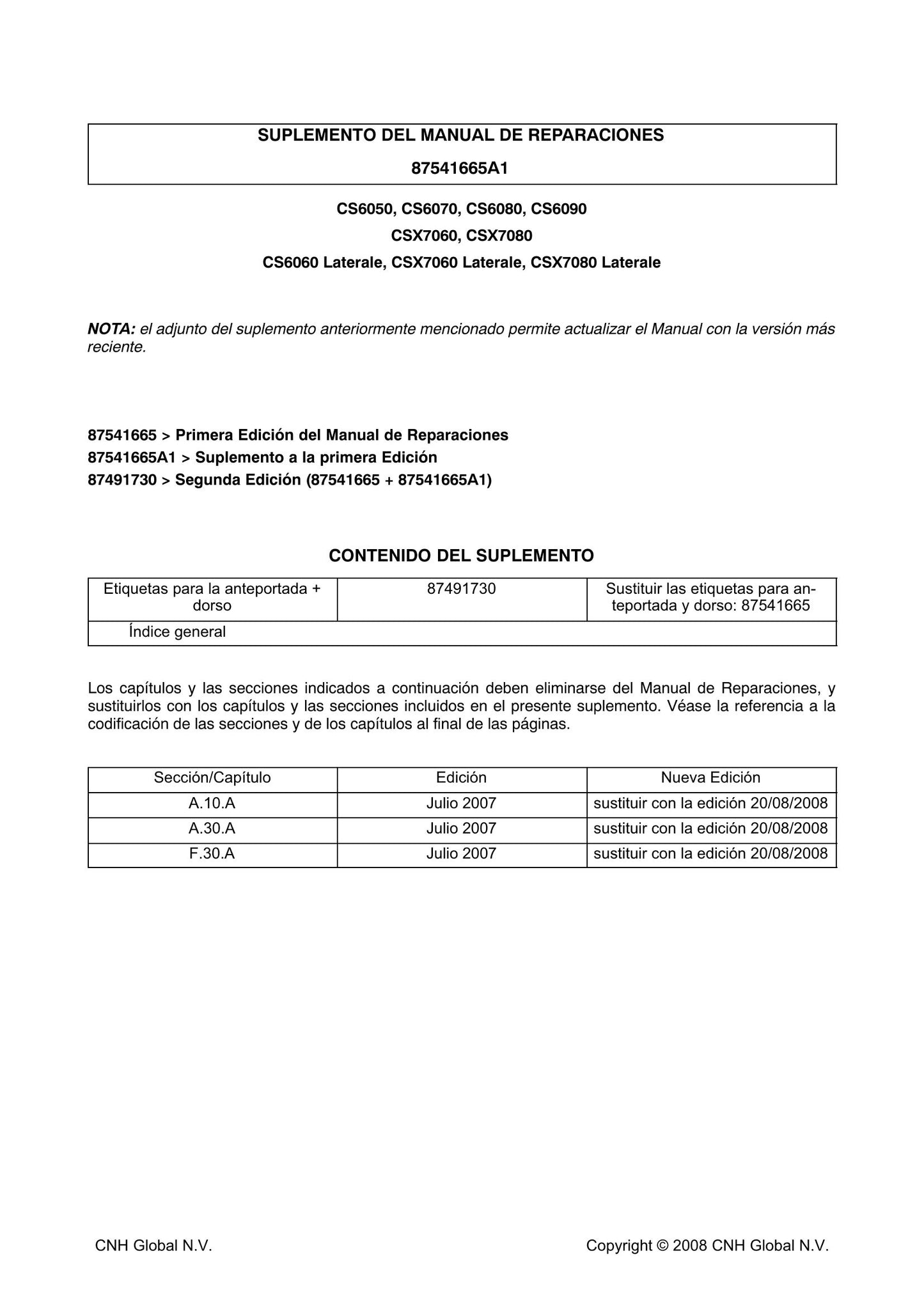 New Holland CL6060 CS6050 CS6060 Hillside CS6060 Laterale CS6070 CS6080 CS6090 CSX7060 Laterale CSX7060 CSX7080 Laterale CSX7080 Combine Harvester Factory Workshop Service Manual Supplement 87541665A1