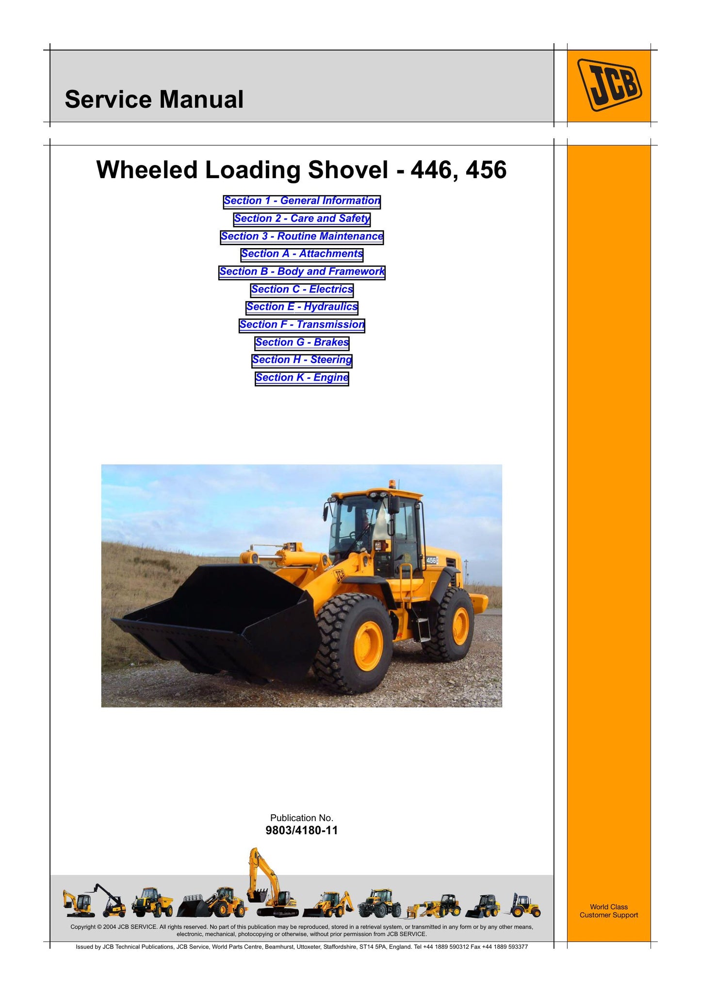 JCB 446 456 Wheeled Loading Shovel Factory Workshop Service Manual 9803/4180