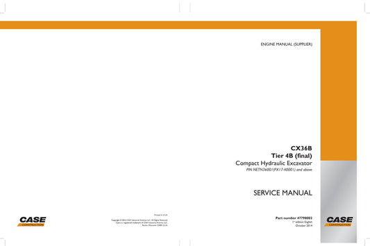CASE CX36B Compact Hydraulic Excavator Factory Workshop Service Manual 47798802