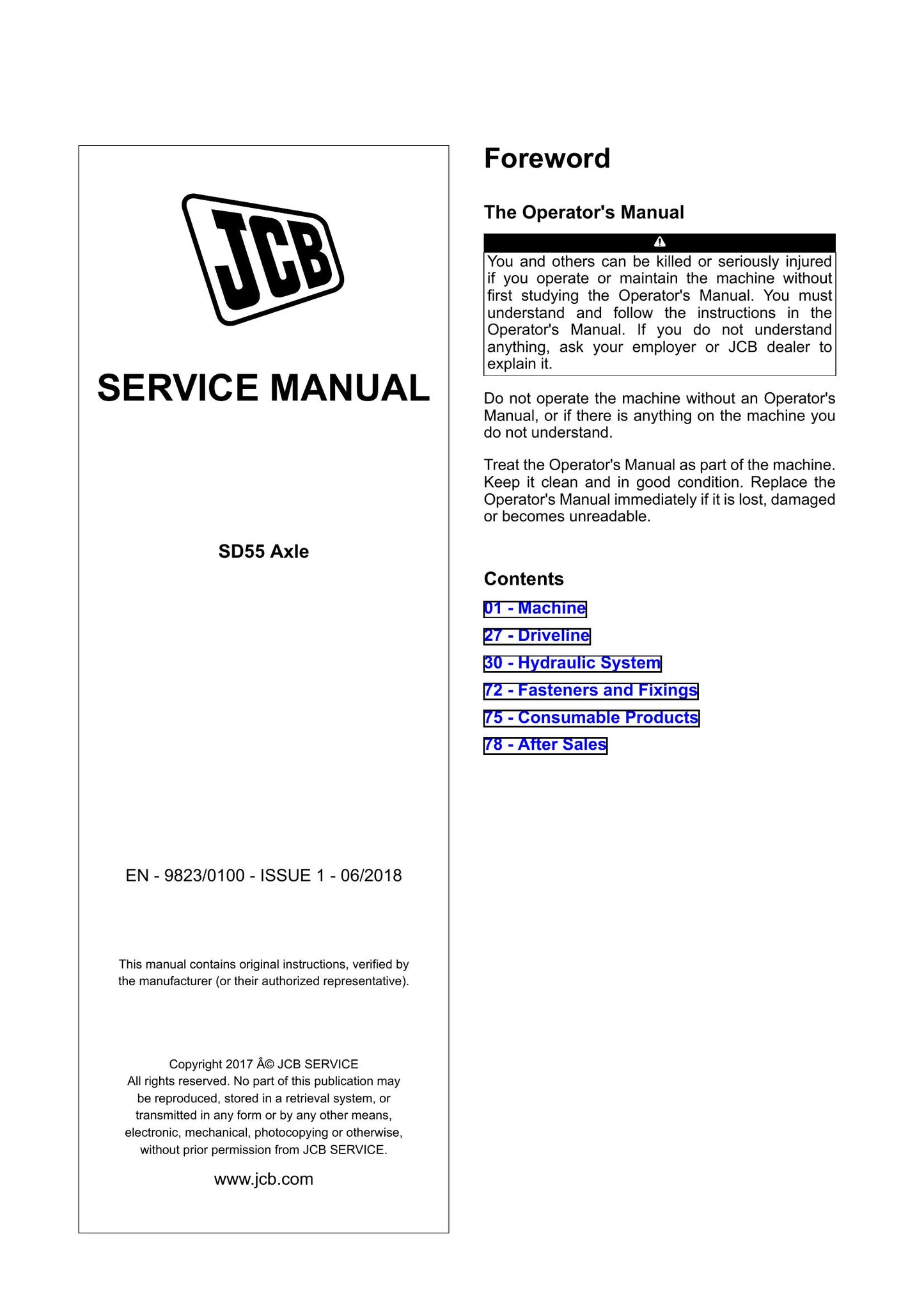 JCB SD55 Axle Factory Workshop Service Manual 9823/0100