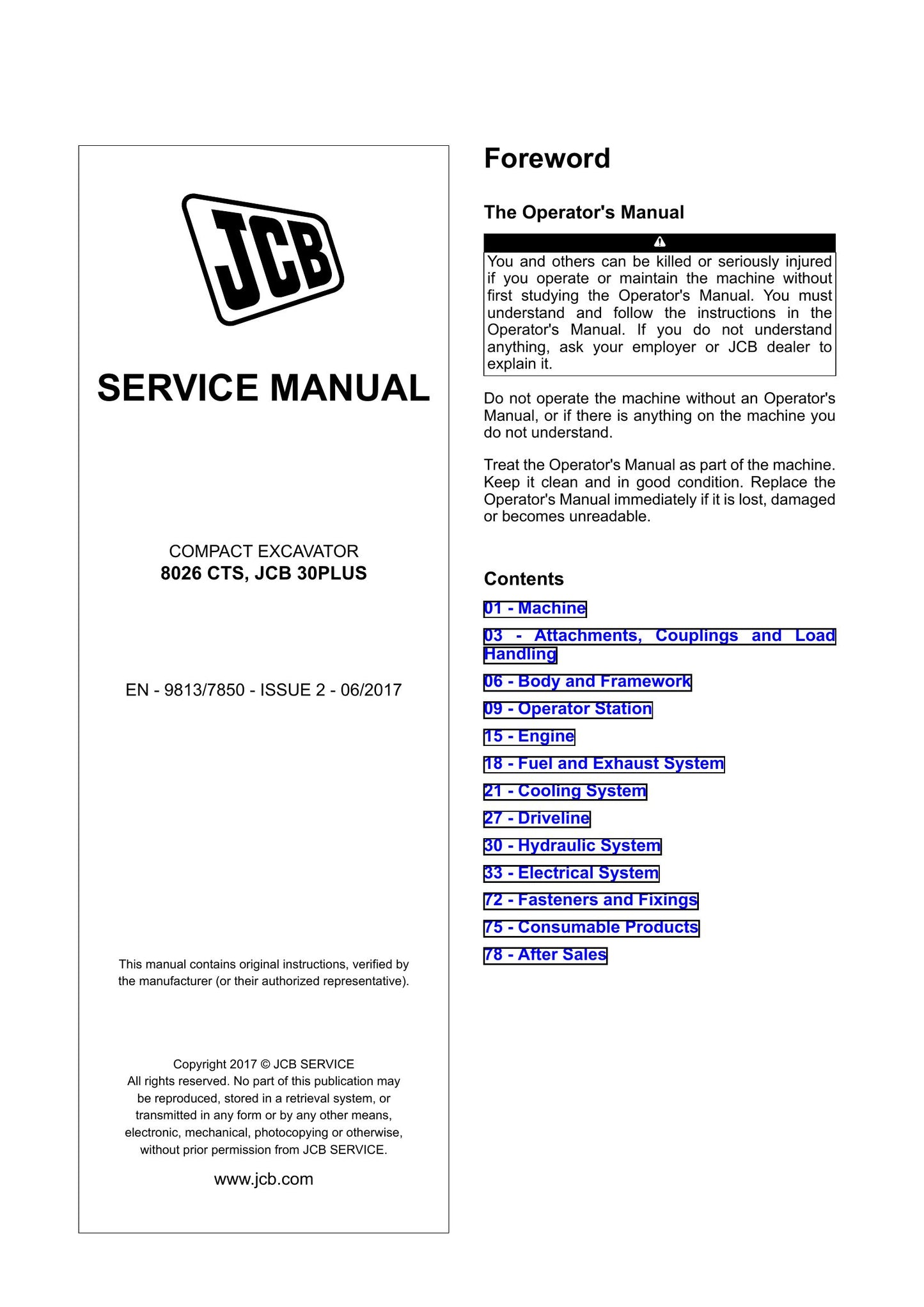 JCB 8026 CTS JCB 30PLUS Compact Excavator Factory Workshop Service Manual 9813/7850