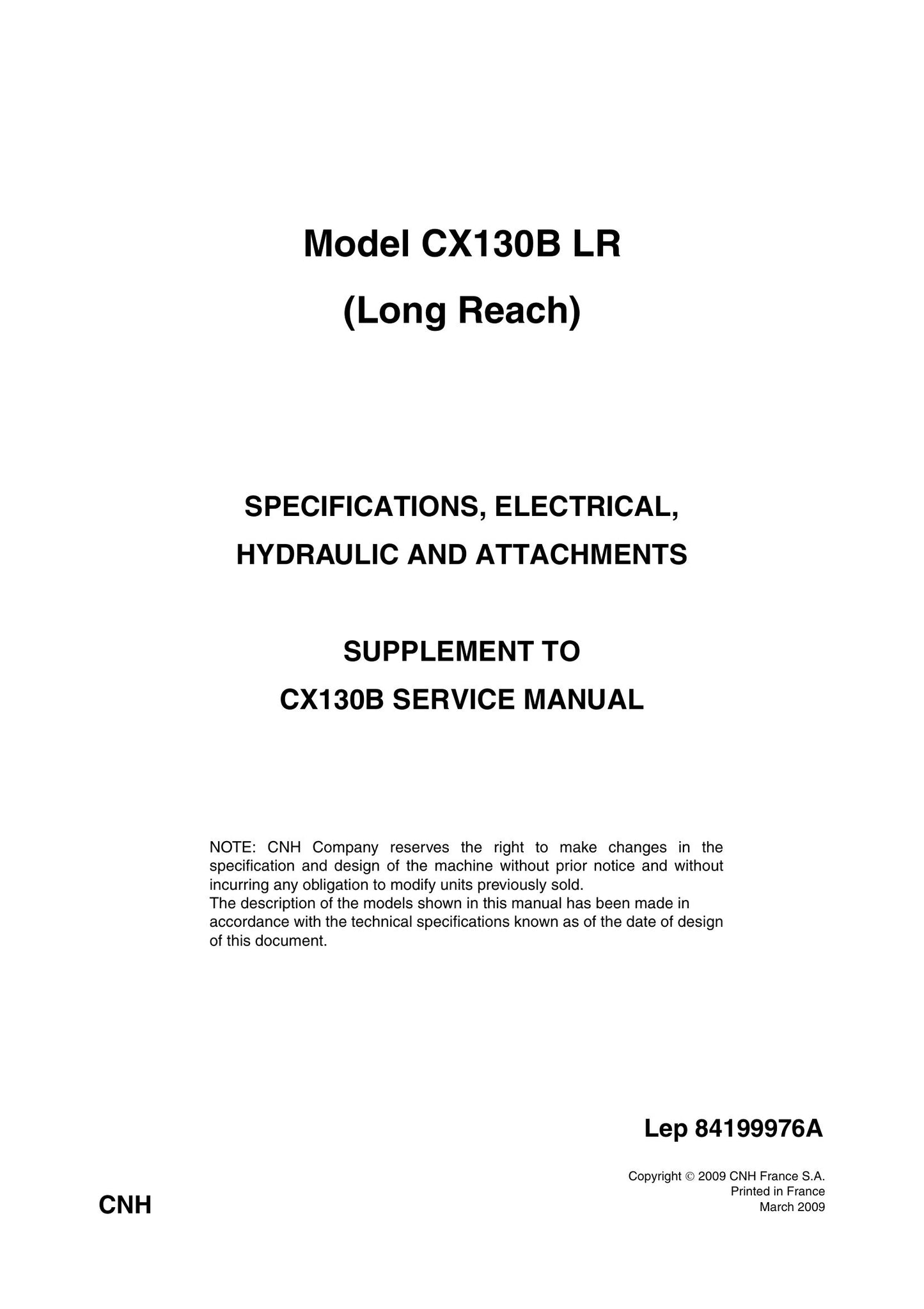 CNH CX130B Crawler Excavator Supplement to Factory Workshop Service Manual 84199976A